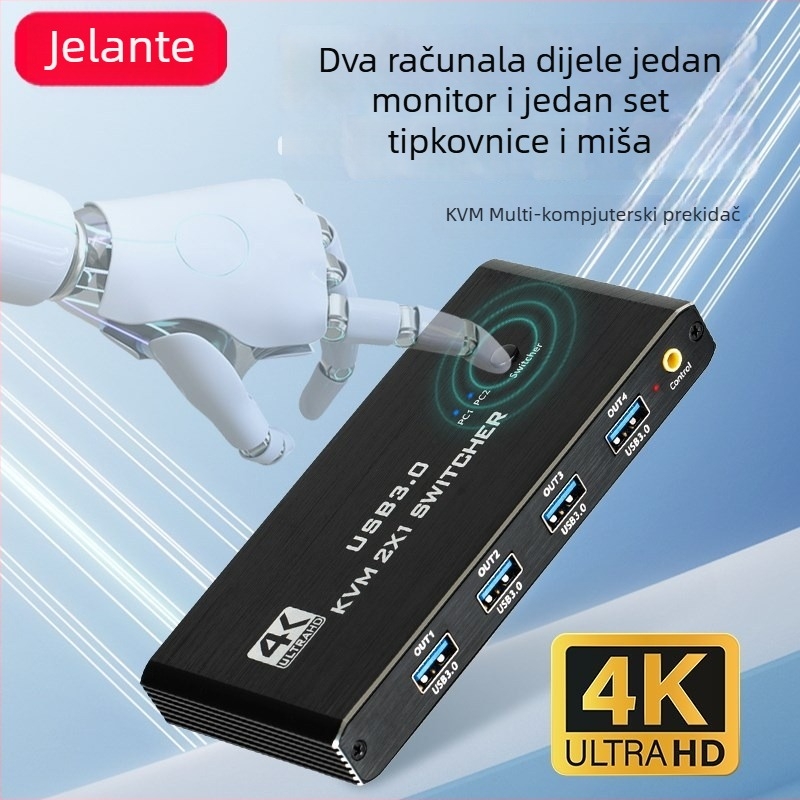 KVM prekidač za dva računala, HDMI 4K, USB 3.0, 2 ulaza/1 izlaz, dijeljenje radne površine