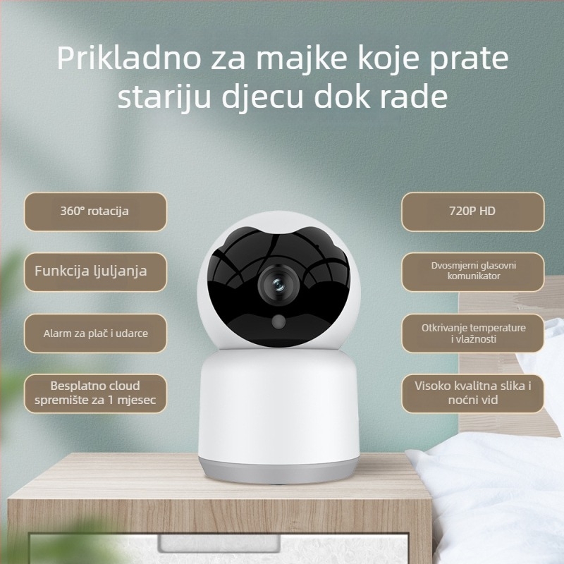 Bežični monitor za bebe s detekcijom plača i umirujućom melodijom, kamera s 3.6 mm objektivom, 0.01 lux, IR doseg 12 m, napajanje 5V2A, detekcija pokreta + push obavijest