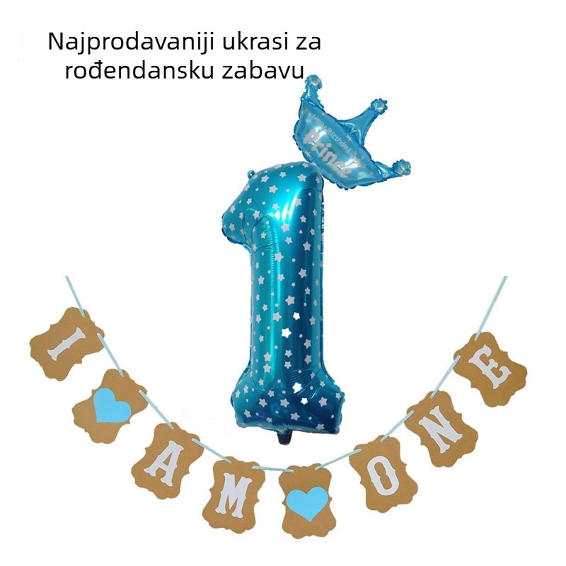 Rekviziti za uređenje prostora za rođendansku proslavu s balonima u obliku krune i visećim ukrasima