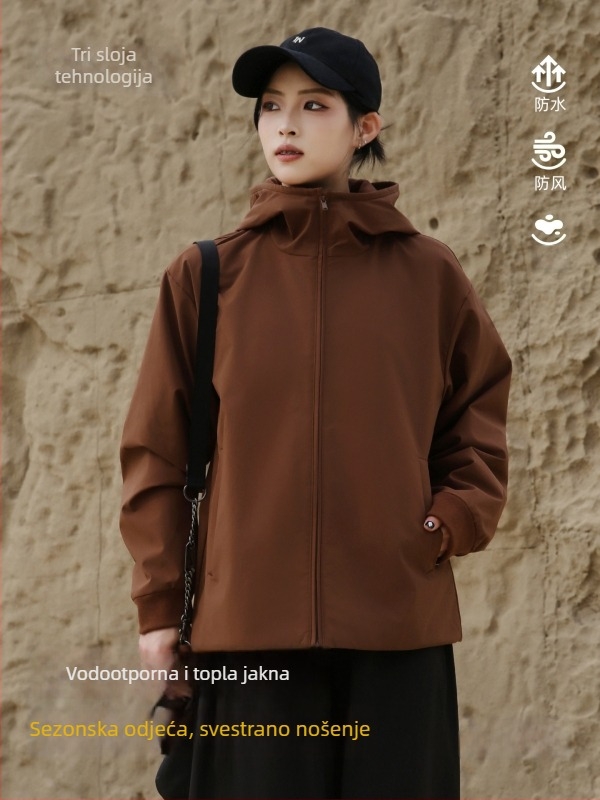 Ženska planinarska jakna – vjetrootpornost i vodootporna, poliester tkanina, polar fleece podstava, jednobojni uzorak, dugi rukavi