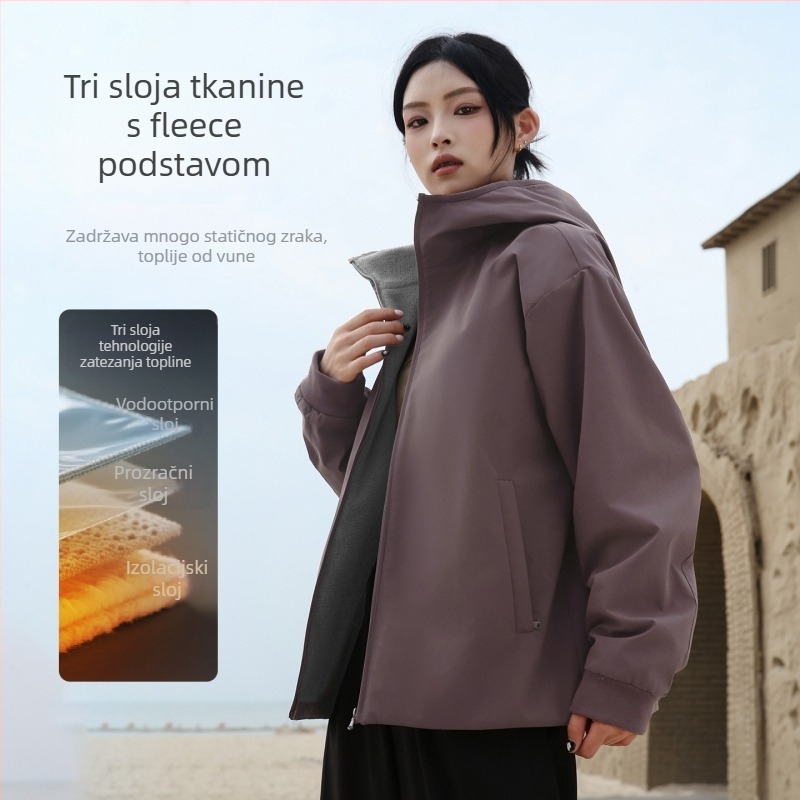 Ženska planinarska jakna – vjetrootpornost i vodootporna, poliester tkanina, polar fleece podstava, jednobojni uzorak, dugi rukavi