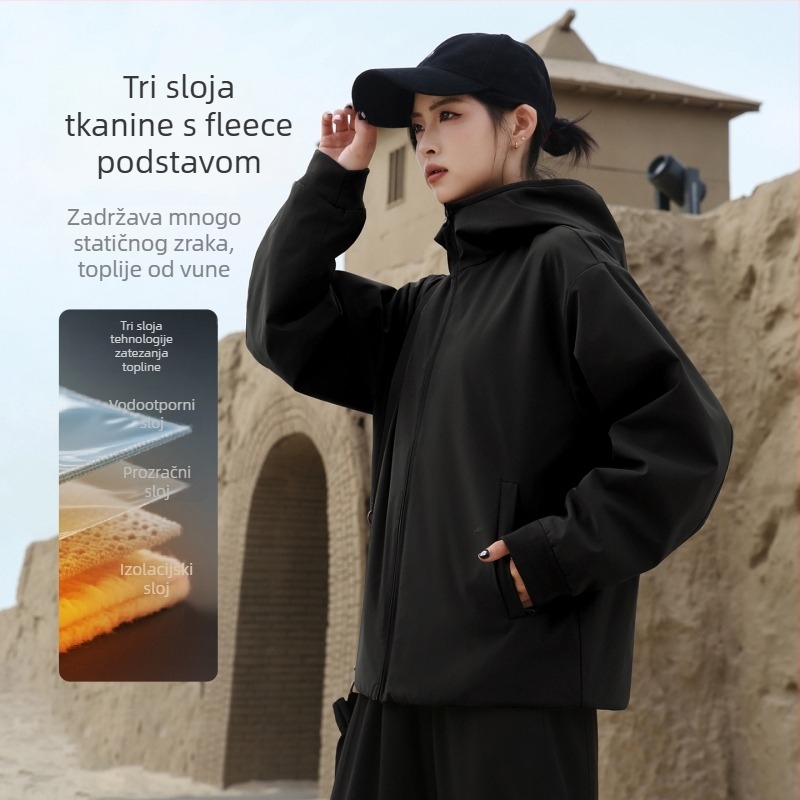Ženska planinarska jakna – vjetrootpornost i vodootporna, poliester tkanina, polar fleece podstava, jednobojni uzorak, dugi rukavi