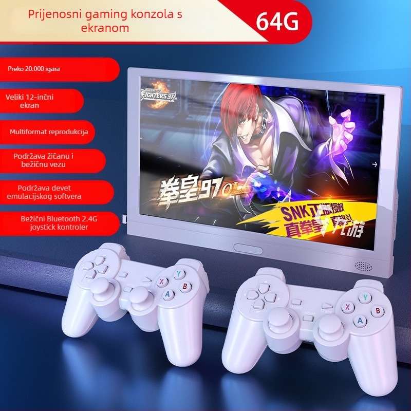 Kućna konzola za igre s ugrađenim zaslonom, bežični kontroleri, 64 GB memorije, 16-bitni operativni sustav, HDMI i USB-C sučelja, prenosna arkadna konzola za dva igrača