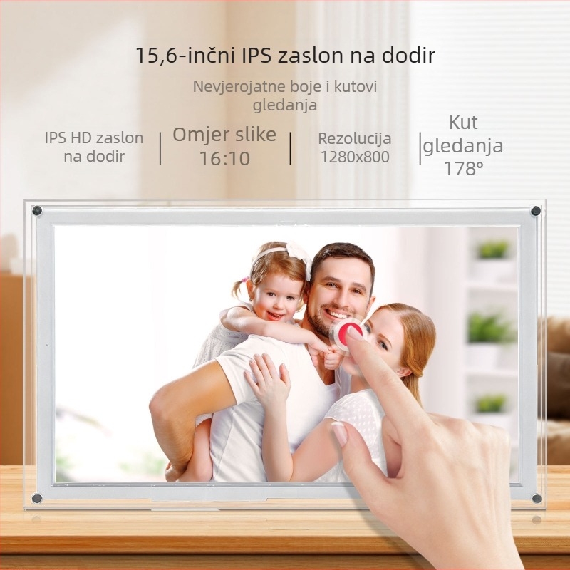 Digitalni foto okvir s akrilno-plastičnom konstrukcijom, podrška USB memoriji, rezolucija 1024×600, 2GB memorije, reprodukcija glazbe i videa.