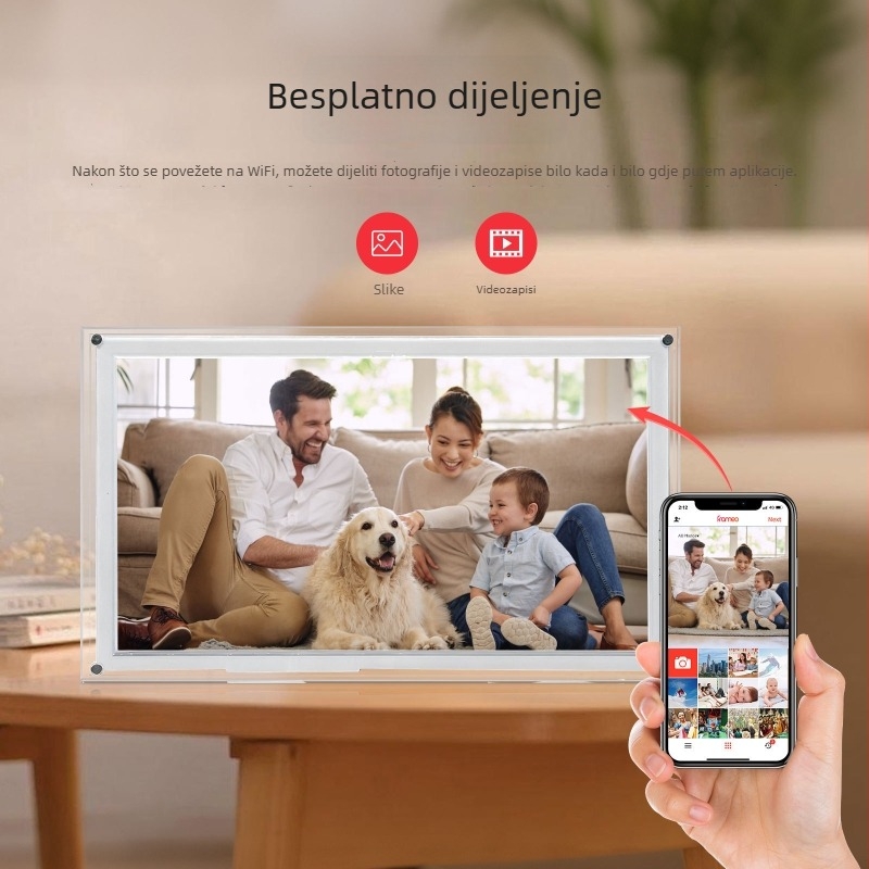 Digitalni foto okvir s akrilno-plastičnom konstrukcijom, podrška USB memoriji, rezolucija 1024×600, 2GB memorije, reprodukcija glazbe i videa.