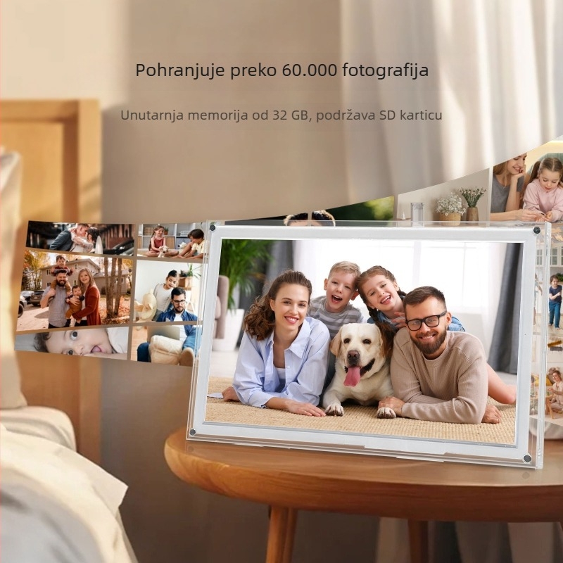 Digitalni foto okvir s akrilno-plastičnom konstrukcijom, podrška USB memoriji, rezolucija 1024×600, 2GB memorije, reprodukcija glazbe i videa.