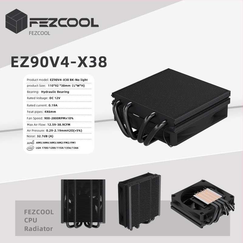 CPU hladnjak s 4 bakrenih-aluminijskih toplovodnih cijevi za ITX, kompatibilnost AM4/AM5, brzina 900–2800 rpm, buka 18,3–37,2 dB(A)
