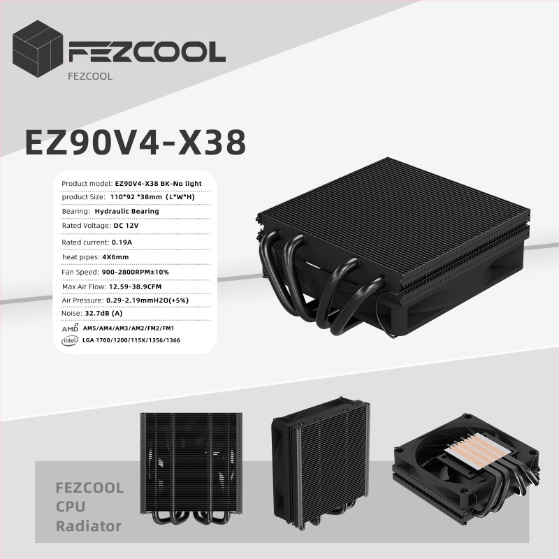 CPU hladnjak s 4 bakrenih-aluminijskih toplovodnih cijevi za ITX, kompatibilnost AM4/AM5, brzina 900–2800 rpm, buka 18,3–37,2 dB(A)