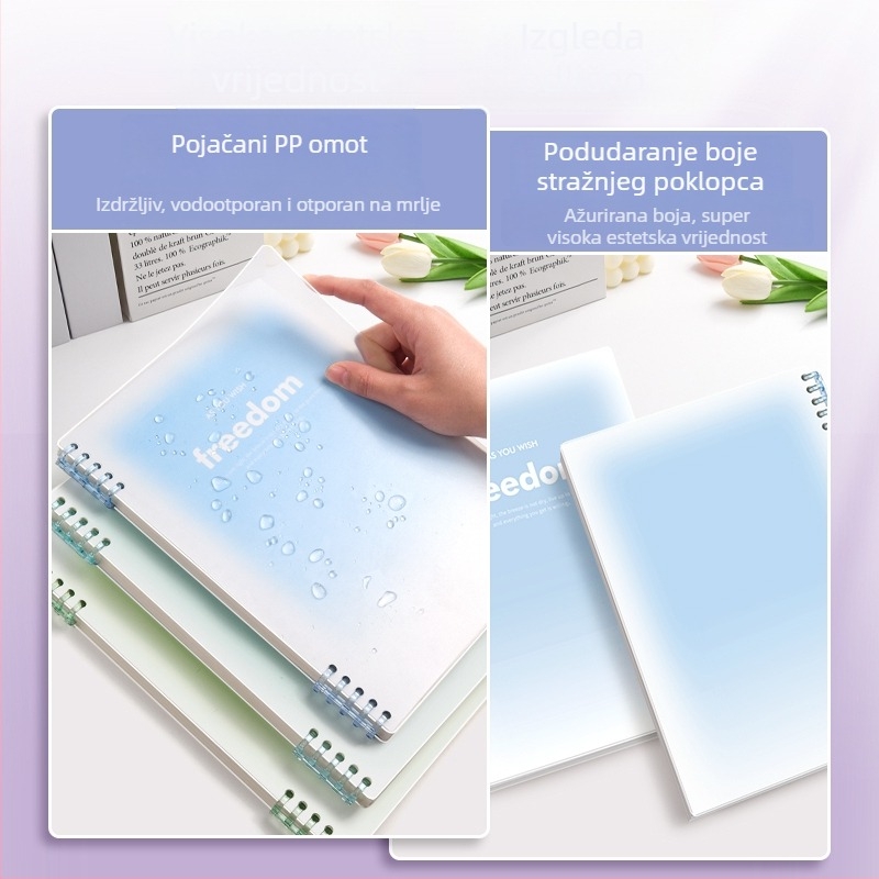 Bilježnica s prstenastim povezom, PP korica, offset papir, 70 g/m², 100–200 stranica