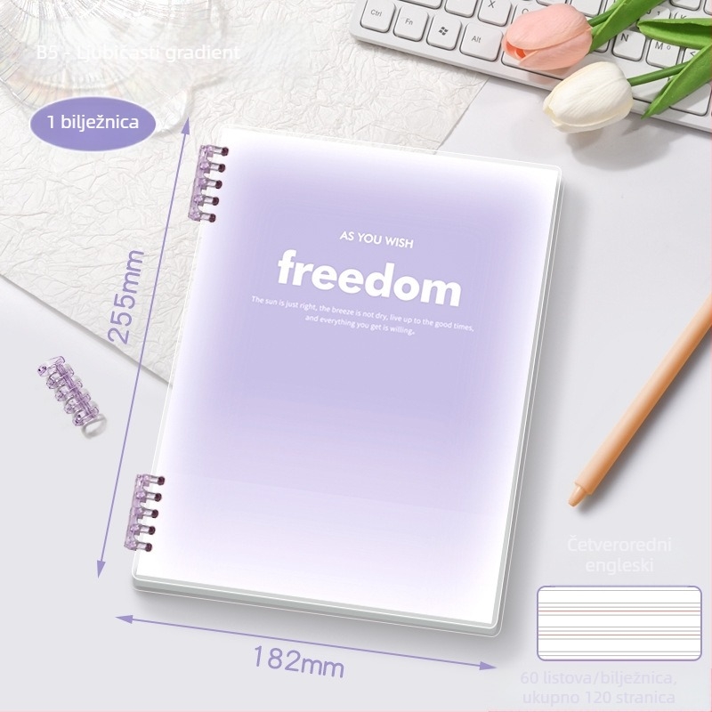 Bilježnica s prstenastim povezom, PP korica, offset papir, 70 g/m², 100–200 stranica