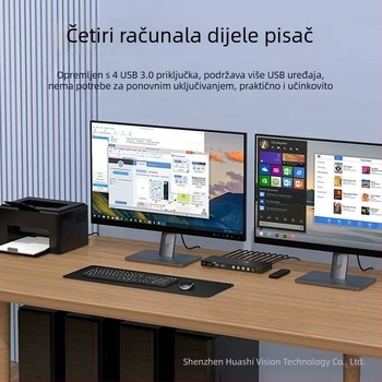 KVM prekidač za četiri računala s HDMI i DP, 8K@60Hz, 5 m kabeli, daljinsko buđenje
