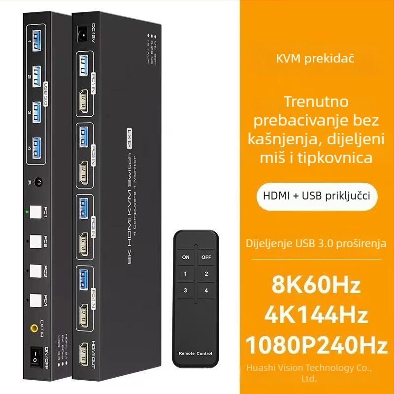KVM prekidač za četiri računala s HDMI i DP, 8K@60Hz, 5 m kabeli, daljinsko buđenje
