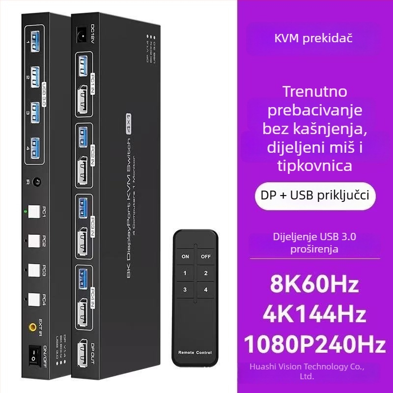 KVM prekidač za četiri računala s HDMI i DP, 8K@60Hz, 5 m kabeli, daljinsko buđenje