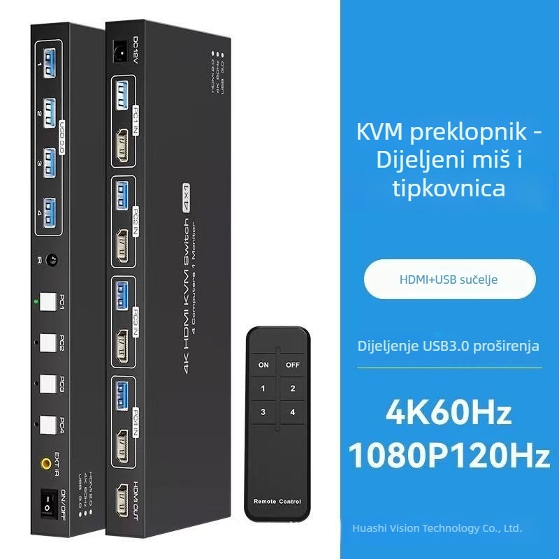 KVM prekidač za četiri računala s HDMI i DP, 8K@60Hz, 5 m kabeli, daljinsko buđenje