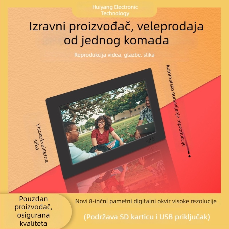 8-inčni inteligentni digitalni okvir za fotografije, 1024x600, omjer stranica 16:9, 16 MB interne memorije, podrška BMP/JPEG/PNG/JPG