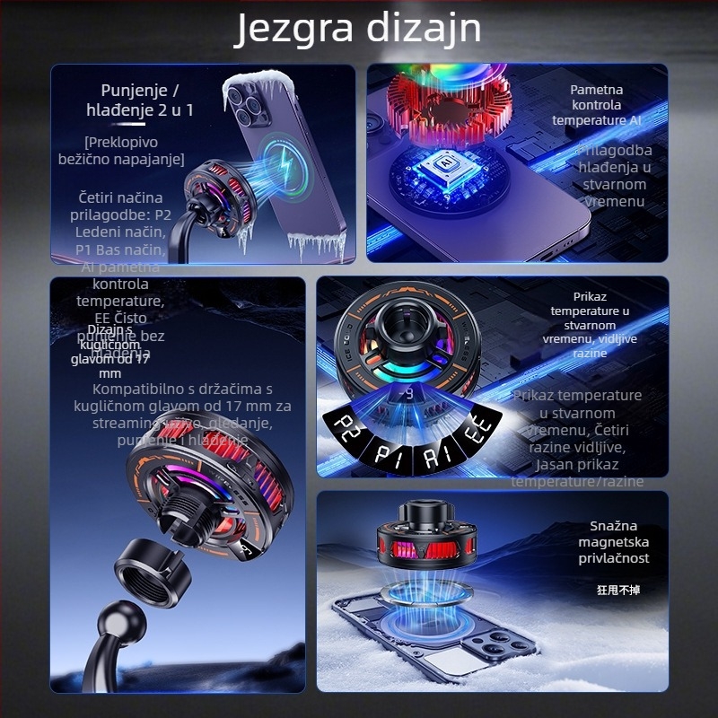 Hlađivač za telefon s magnetskim prianjanjem i AI kontrolom temperature na bazi poluvodiča, kompatibilan s bežičnim punjačem iPhone 17; 15W, Type-C, materijal ABS+PC/PC/aluminijska legura, težina 160 g