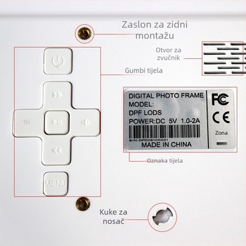 LED digitalni okvir za fotografije (razlučivost 1024x600, 16 MB internog spremišta, podrška SD/USB/MMC karticama, JPEG/JPG formati, omjer stranica 16:9)