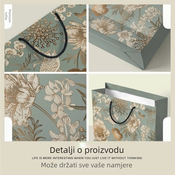 Vintage torba za poklone s motivom zlatnog cvijeća i ptica – bijeli karton, tisak, prilagodljivo, klasičan stil, specifikacija 1