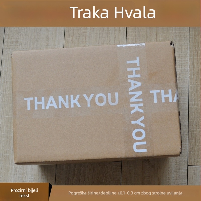 Ispisana THANKYOU traka za brtvljenje s crteom, BOPP film, Hydrosol ljepilo, širina 45 mm, duljina 10–100 m, debljina filma 52 μm