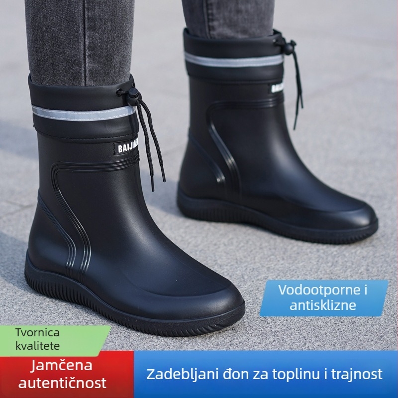 Muške čizme za kišu, PVC gornji dio, gumeni potplat, niski obod, protuklizne, topla podstava od umjetnog krzna, tekstilna uložak