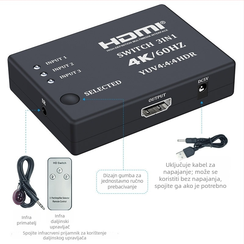 HDMI prekidač 4K za TV, s daljinskim buđenjem i upravljanjem napajanjem
