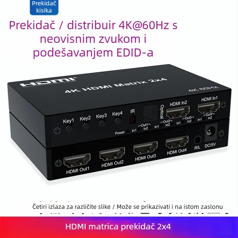 HDMI matrica prekidač 2x2 s audio, 4K60Hz, daljinski upravljač