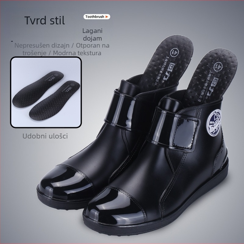Muške čizme za kišu od plastike, s Velcro zatvaranjem, nizak klin, mrežasta podstava, protuklizne i tople.