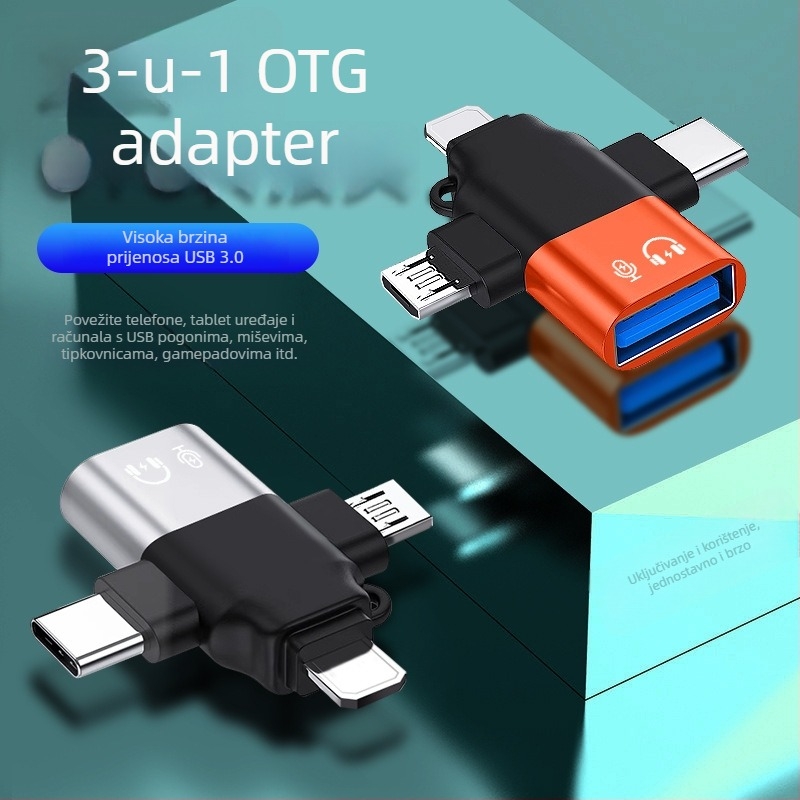LI-TOP Z53 trofunkcijski OTG adapter od aluminijske legure za iPhone i Android, Type-C i USB 3.0 kompatibilan