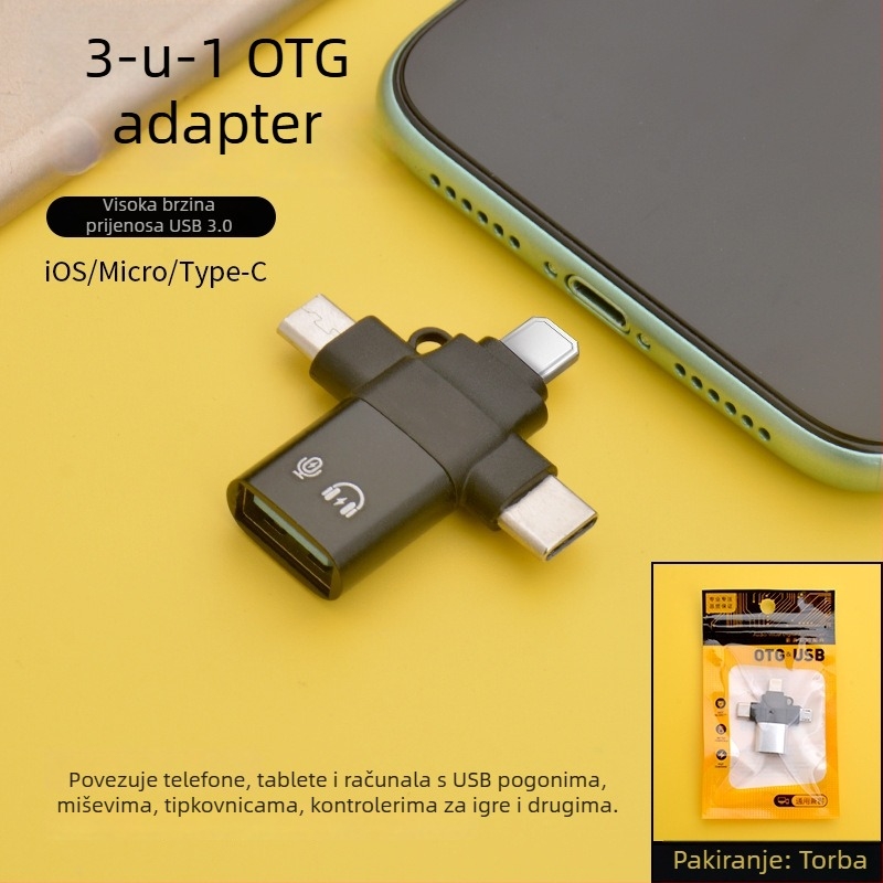LI-TOP Z53 trofunkcijski OTG adapter od aluminijske legure za iPhone i Android, Type-C i USB 3.0 kompatibilan