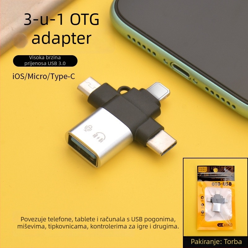 LI-TOP Z53 trofunkcijski OTG adapter od aluminijske legure za iPhone i Android, Type-C i USB 3.0 kompatibilan