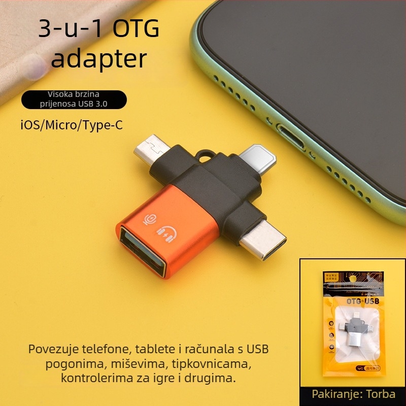 LI-TOP Z53 trofunkcijski OTG adapter od aluminijske legure za iPhone i Android, Type-C i USB 3.0 kompatibilan