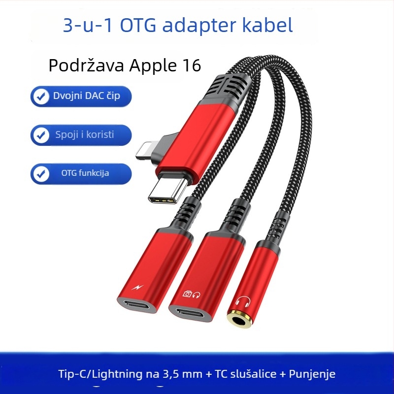 Flash repairman USB-C/Lightning 3-u-1 adapter za 3,5 mm audio i punjenje, kompatibilno s Samsung, Huawei, Apple 16/17