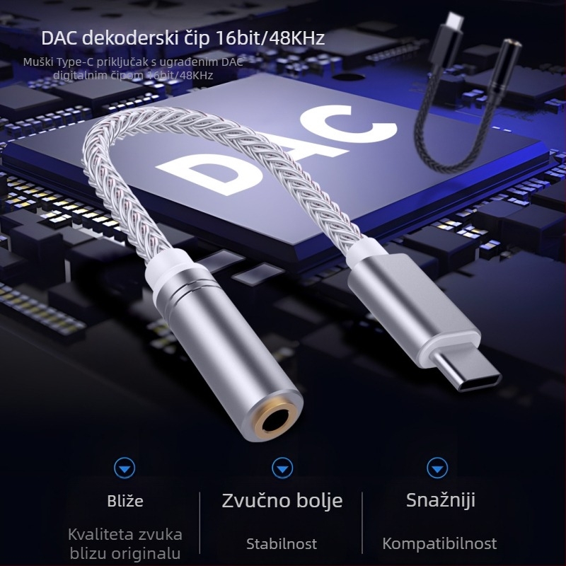 Type-C na 3,5 mm adapter s digitalnim dekodiranjem, srebrenim vodovima, potpuno kompatibilan s Huawei, Samsung, Xiaomi, Oppo i Vivo