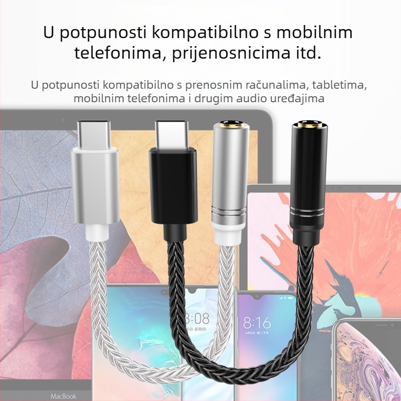 Type-C na 3,5 mm adapter s digitalnim dekodiranjem, srebrenim vodovima, potpuno kompatibilan s Huawei, Samsung, Xiaomi, Oppo i Vivo