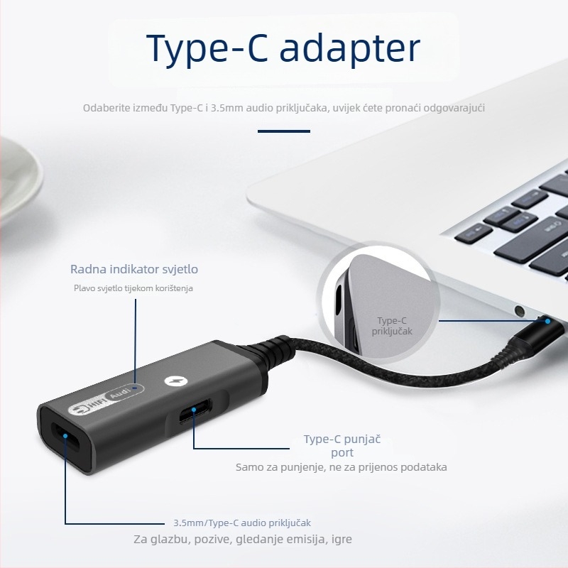 3-u-1 USB-C adapter za slušalice s napajanjem Huawei, Xiaomi, Google, Oppo, Vivo, Samsung – HCINOO MH338/MH339