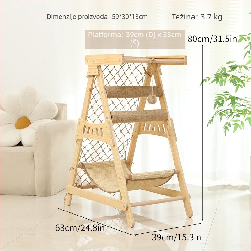 Drveni mačji penjački okvir s sisalom otporan na habanje, ne ostavlja dlake, integrirano gnijezdo i viseći madrac, Brosh