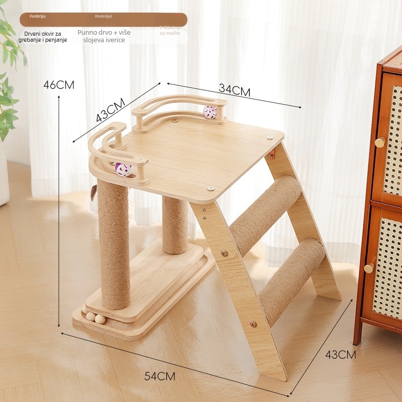 Drveni mačji penjački okvir s sisalom otporan na habanje, ne ostavlja dlake, integrirano gnijezdo i viseći madrac, Brosh