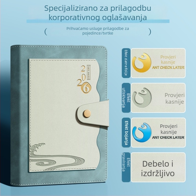 Prilagođena bilježnica s džepom za dokumente, kalendar 2026, Dowling papir, šivano povezivanje, 300–400 stranica