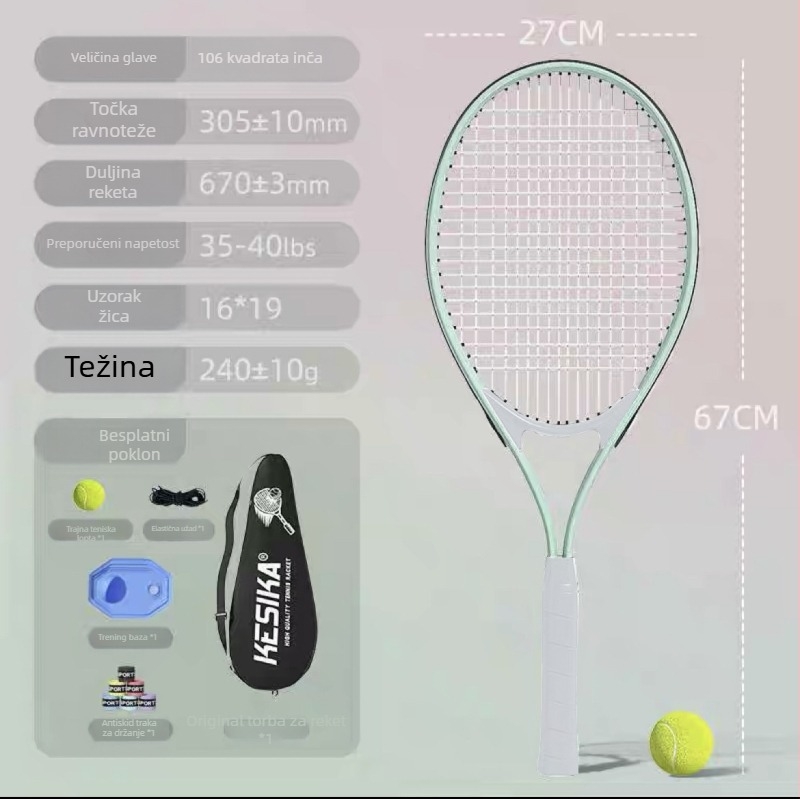 Trening raketa za tenis s aluminijskim okvirom, težina 95–100 g, horizontalno gađanje, pogodna za početnike; za stolni tenis i tenis s perjem
