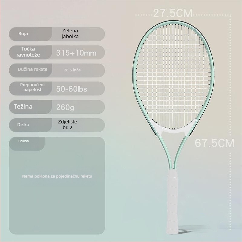 Trening raketa za tenis s aluminijskim okvirom, težina 95–100 g, horizontalno gađanje, pogodna za početnike; za stolni tenis i tenis s perjem