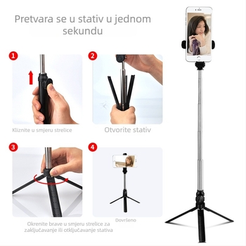 XT10 Bluetooth selfie štapić s trostrukim trojnožnim držačem za livestream za pametni telefon, horizontalno i vertikalno snimanje, nehrđajući čelik + ABS, daljinski upravljač uključen