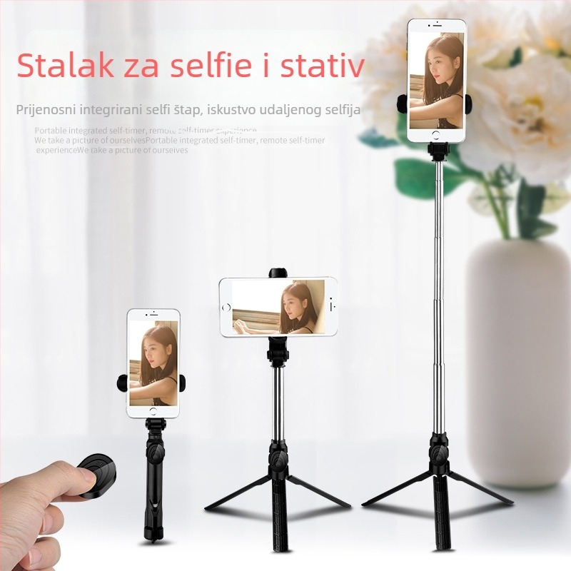 XT10 Bluetooth selfie štapić s trostrukim trojnožnim držačem za livestream za pametni telefon, horizontalno i vertikalno snimanje, nehrđajući čelik + ABS, daljinski upravljač uključen