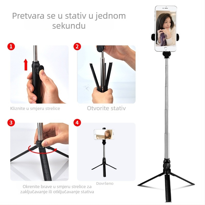 XT10 Bluetooth selfie štapić s trostrukim trojnožnim držačem za livestream za pametni telefon, horizontalno i vertikalno snimanje, nehrđajući čelik + ABS, daljinski upravljač uključen