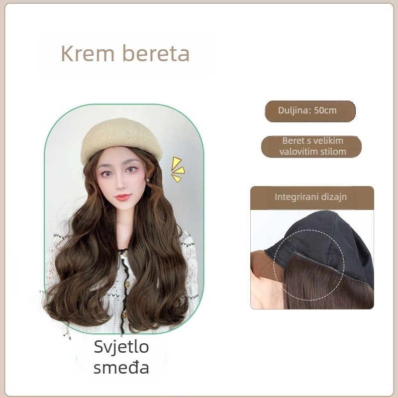 Ženski beret s ugrađenom perikom – jesen-zimski stil, termički otporne sintetičke vlasi, frizura: šiška ravna ili nagnuta, bez trajne boje