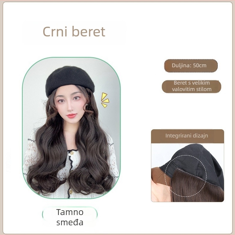 Ženski beret s ugrađenom perikom – jesen-zimski stil, termički otporne sintetičke vlasi, frizura: šiška ravna ili nagnuta, bez trajne boje