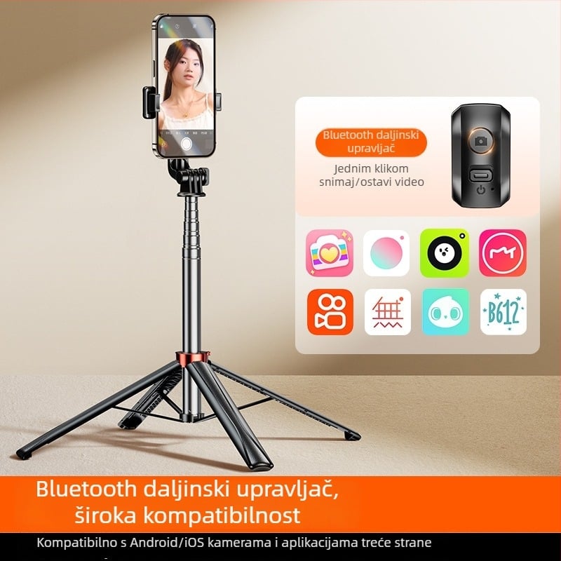 Teleskopski selfie štap od nehrđajućeg čelika s daljinskim upravljačem, ugrađena rasvjeta i Bluetooth, za selfije i livestream
