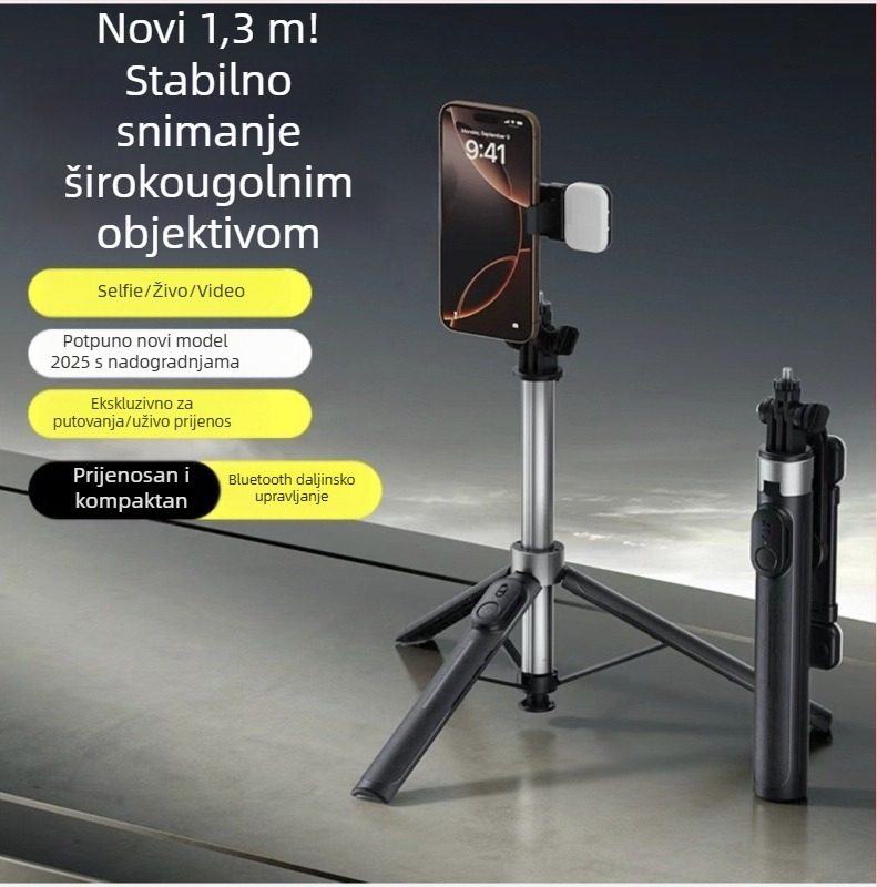 Selfie štap za mobitel od nehrđajućeg čelika, daljinsko upravljanje, Bluetooth, stabilizacija slike, ugrađena rasvjeta, univerzalna kompatibilnost