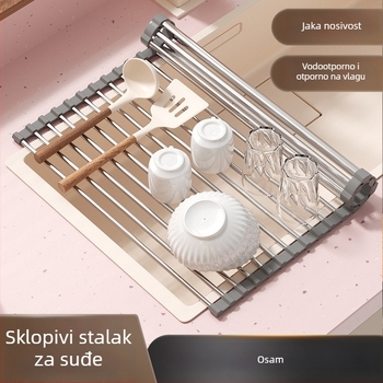 Sklopivi stalak za odvod vode od nehrđajućeg čelika sa silikonskim rolom za sušenje i prostorom za posuđe i pribor