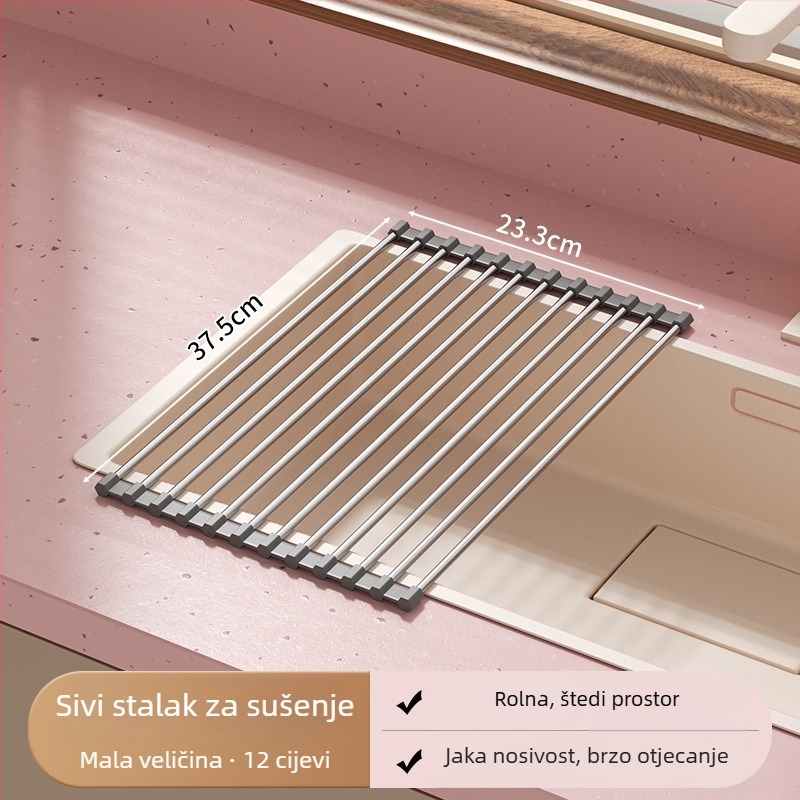 Sklopivi stalak za odvod vode od nehrđajućeg čelika sa silikonskim rolom za sušenje i prostorom za posuđe i pribor