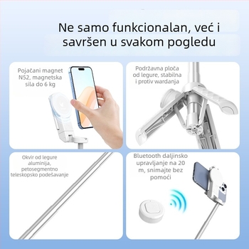 Mini magnetski selfie štap s Bluetooth daljinskim upravljanjem, teleskopska držač za telefon, MagSafe-kompatibilna drška, stabilizacija protiv podrhtavanja, ABS + aluminijska legura